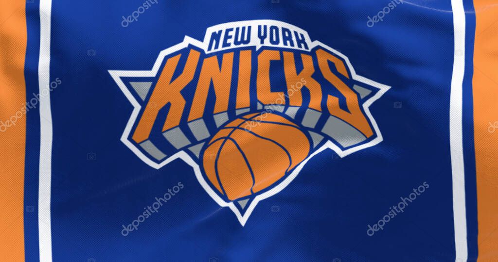 New York City, US, Nov 10 2023: Close-up of New York Knicks flag waving. American professional basketball team, Atlantic Division of the Eastern Conference. Illustrative editorial 3d illustration render