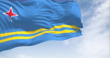 Aruba bayrağı açık havada dalgalanıyor. Açık mavi alan, 2 sarı çizgi, 4 köşeli kırmızı yıldız. Kusursuz 3 boyutlu animasyon. Yavaş çekim döngüsü. Seçici odak