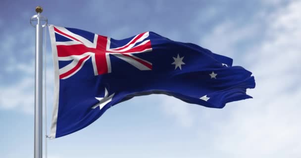 Σημαία Της Αυστραλίας Έντονα Χρωματισμένο Δυναμικά Κυματίζει Μια Απαλή Εστίαση — Αρχείο Βίντεο