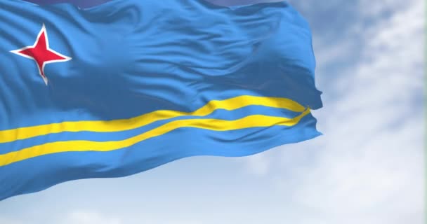 Flag Aruba Waving Clear Day Light Blue Field Yellow Stripes — Stock Video