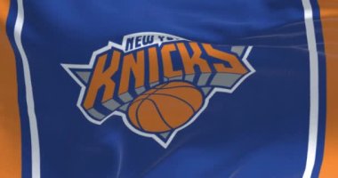 New York City, ABD, 10 Kasım 2023: New York Knicks bayrağı dalgalanması. Amerikan profesyonel basketbol takımı. Kusursuz 3 boyutlu animasyon. Yavaş çekim döngüsü
