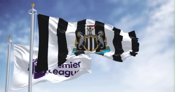 英国纽卡斯尔 2023年9月14日 纽卡斯尔足球俱乐部 Newcastle Football Club 和英超联赛的旗帜在晴朗的日子一起飘扬 无缝3D渲染动画 慢动作回圈飘扬的旗帜 — 图库视频影像