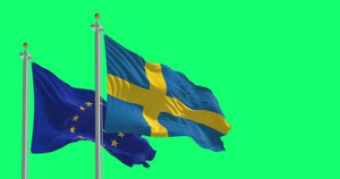 İsveç ve Avrupa Birliği 'nin bayrakları yeşil arka planda dalgalanıyor. 1 Ocak 1995 'te Avrupa Birliği Üyesi. Kusursuz 3D canlandırma animasyonu. Krom anahtar. Yavaş çekim döngüsü. 4K