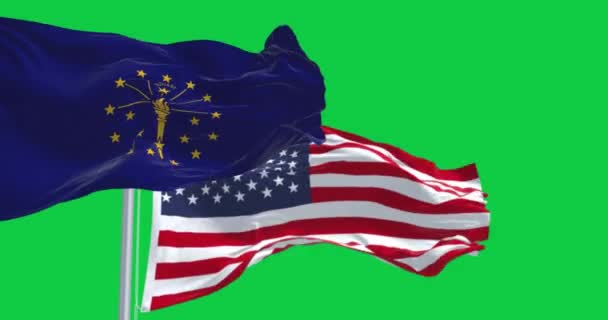 インディアナ州旗とアメリカ国旗は緑の背景で孤立した シームレス3Dレンダリングアニメーション クロマキー スローモーションループ 4Kについて — ストック動画