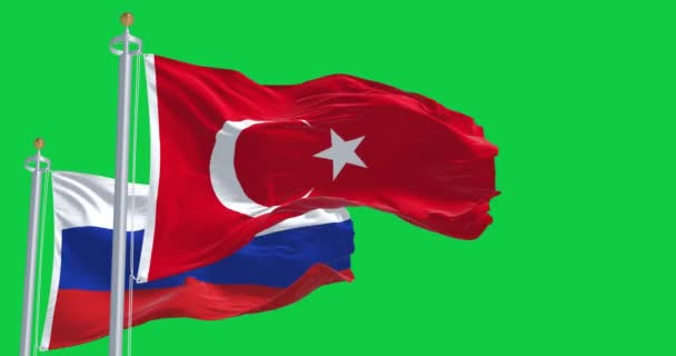Τουρκικές Και Ρωσικές Εθνικές Σημαίες Που Κυματίζουν Απομονωμένες Πράσινο Φόντο — Αρχείο Βίντεο
