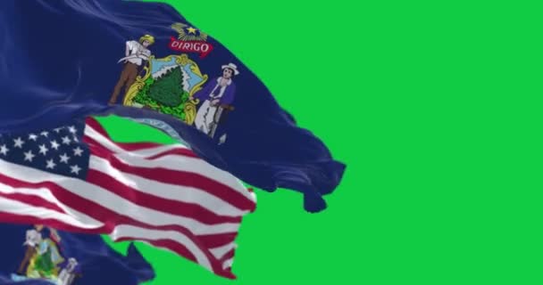 Maine Statslige Flag Det Amerikanske Nationalflag Vinker Isoleret Grøn Baggrund – Stock-video