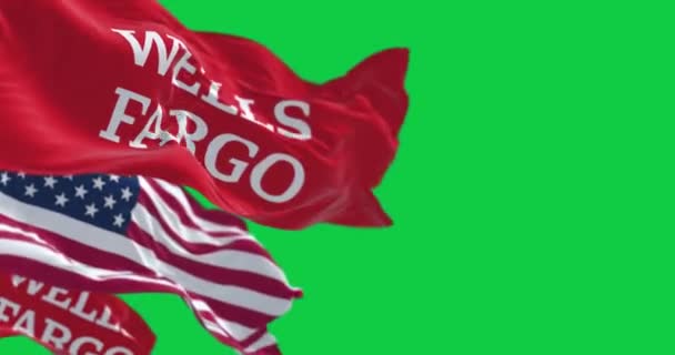 San Francisco Octubre 2023 Banco Wells Fargo Banderas Estadounidenses Ondeando — Vídeo de stock