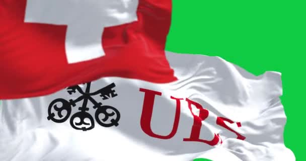 Цюрих Коннектикут Октября 2023 Года Флаги Швейцарии Ubs Зеленом Экране — стоковое видео