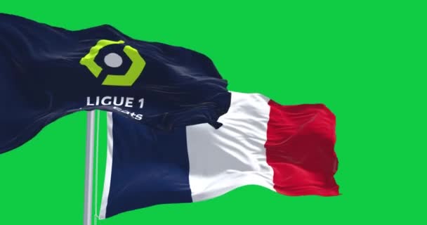 2023年10月15日 法国巴黎 利戈1号和法国国旗在绿色屏幕上飘扬 无缝3D渲染动画 阿尔法频道慢动作回圈4K — 图库视频影像