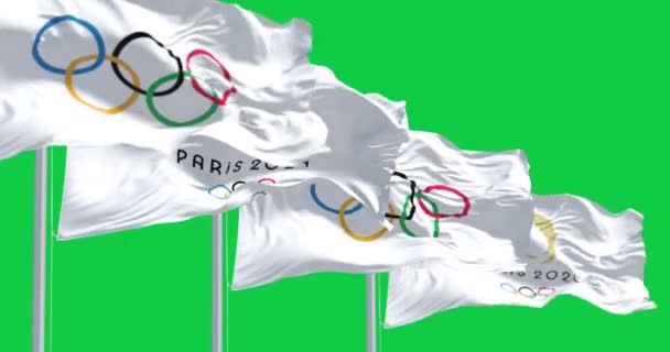 Paris Outubro 2023 Paris 2024 Bandeiras Dos Jogos Olímpicos Acenando — Vídeo de Stock