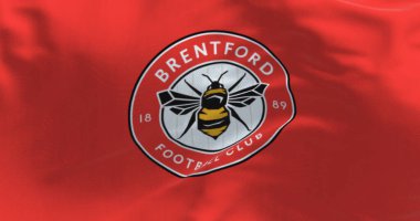 Londra, İngiltere, 19 Şubat 2023: Brentford Futbol Kulübü bayrağı dalgalanması. Kırmızı üzerinde arı olan dairesel bir amblem. İllüstrasyon 3d illüstrasyon canlandırması. Desenli arkaplan