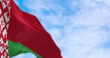 Belarus ulusal bayrağının açık bir günde dalgalanması. Asa ucuna beyaz ve kırmızı süsleme desenli kırmızı ve yeşil. Kusursuz 3 boyutlu animasyon. Yavaş çekim döngüsü. Seçici odak