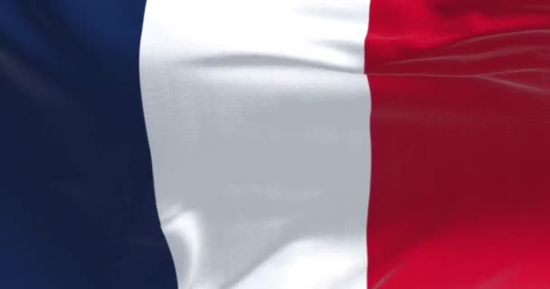 Close Bandeira Nacional França Acenando Tricolor Listras Verticais Azuis Brancas — Vídeo de Stock