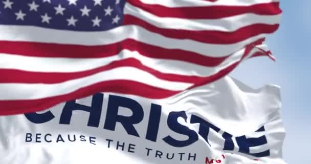 Jersey City Usa Juni 2023 Chris Christie 2024 Presidentens Kampanjflagga — Stockvideo