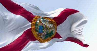Açık bir günde rüzgarda dalgalanan Florida eyalet bayrağının yakın çekimi. Merkezinde eyalet mührü olan beyaz üzerine kırmızı hiciv. 3d illüstrasyon oluşturucu.