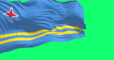 Aruba bayrağı yeşil ekranda dalgalanıyor. Açık mavi alan, 2 sarı çizgi, 4 köşeli kırmızı yıldız. Kusursuz 3D canlandırma animasyonu. Krom anahtar. Yavaş çekim döngüsü. 4K