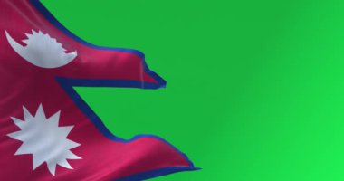 Yeşil ekranda rüzgarda dalgalanan Nepal Ulusal bayrağının yakın çekimi. Dörtgen olmayan dünyadaki tek ulusal bayrak. Kusursuz 3D canlandırma animasyonu. Krom anahtar. Yavaş çekim döngüsü. 4K