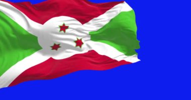 Ulusal Burundi bayrağı mavi ekranda dalgalanıyor. Kırmızı ve yeşil bölümlere bölünen beyaz köşegen, ortada üç yeşil yıldız. Kusursuz animasyon. Krom anahtar. Yavaş çekim döngüsü. 4K
