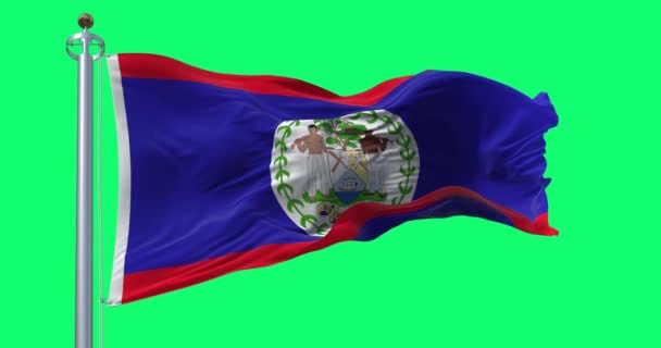 伯利兹国旗在绿色屏幕上飘扬 蓝色的领域 红色条纹 白色的盘与国徽 无缝3D渲染动画 阿尔法频道慢动作回圈4K — 图库视频影像