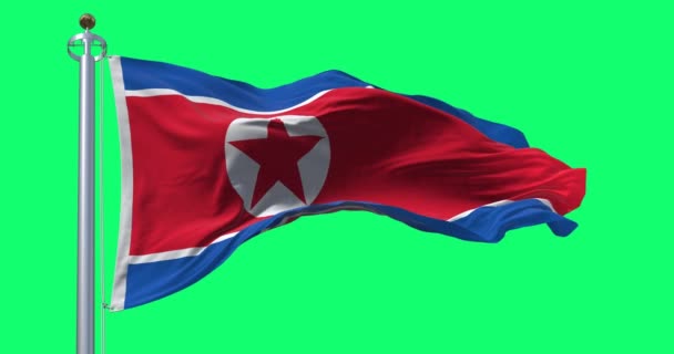 朝鲜国旗在风中飘扬在绿屏上 红旗上有星条旗和蓝白条纹 无缝3D渲染动画 慢动作回圈4K — 图库视频影像