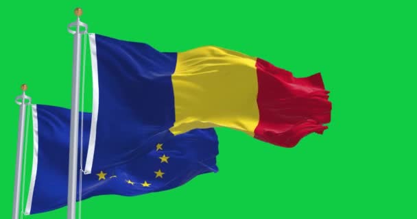 Прапори Румунії Європейського Союзу Махають Вітром Зеленому Екрані Член Січня — стокове відео