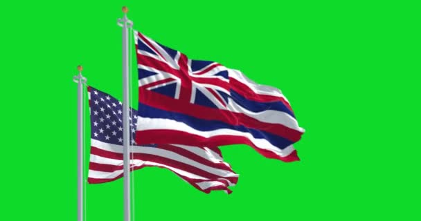 ハワイ州旗はアメリカ合衆国の国旗をグリーンスクリーンに掲げている シームレス3Dレンダリングアニメーション クロマキー スローモーションループ 4Kについて 選択的なフォーカス — ストック動画