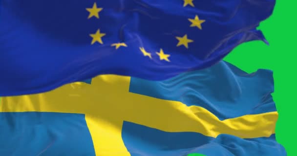 瑞典和欧盟的特写在绿色屏幕上摇曳在一起 欧洲联盟的成员 无缝3D渲染动画 慢动作回圈4K 有选择的重点 — 图库视频影像