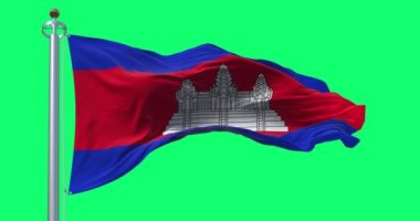 Kamboçya ulusal bayrağı yeşil ekranda dalgalanıyor. Üç bant, mavi, çift kırmızı, mavi, Angkor Wat merkezli kırmızı. Kusursuz 3D canlandırma animasyonu. Krom anahtar. Yavaş çekim döngüsü. 4K