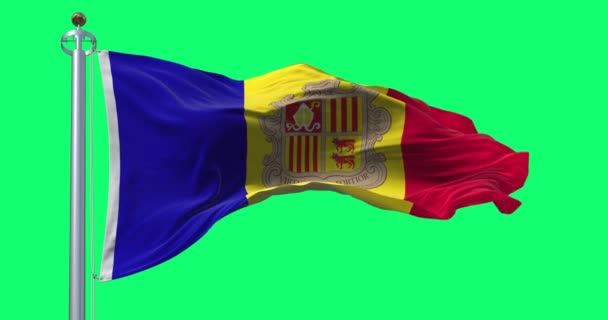 アンドラの国旗は緑の日に風を吹いている 中央の腕のコートが付いている縦の青い黄色い赤い縞 シームレス3Dレンダリングアニメーション クロマキー スローモーションループ 4Kについて リッピングファブリック — ストック動画