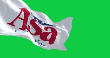 Bentonville, ABD, Jun. 20 2023: Asa Hutchinson 2024 başkanlık kampanyası bayrağı yeşil ekranda dalgalanıyor. Kusursuz 3D canlandırma animasyonu. Krom anahtar. Yavaş çekim döngüsü. 4 bin. Seçici odak