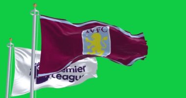 Birmingham, İngiltere, 21 Ekim 2023: Aston Villa ve Premier Lig bayrakları yeşil ekranda sallanıyor. Kusursuz 3D canlandırma animasyonu. Krom anahtar. Yavaş çekim döngüsü. 4K