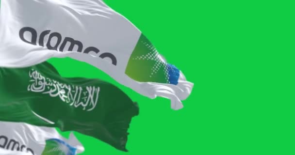 Dhahran Oct 2023 Flags Aramco Saudi Arabia Waving Green Screen — Stock Video