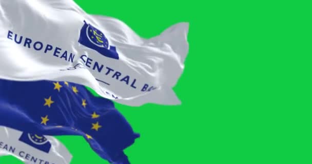 フランクフルト 1823年3月18日 ヨーロッパ中央銀行と欧州連合の旗が緑色のスクリーンで風を振っている シームレス3Dレンダリングアニメーション クロマキー スローモーションループ 4Kについて 選択的なフォーカス — ストック動画