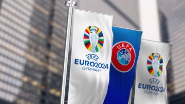 Berlin, DE, 30 Ekim 2023: UEFA ve UEFA Euro 2024 Avrupa Futbol Şampiyonası dikey pankartları açık bir günde sallanıyor. Uluslararası spor müsabakası. Resimli 3d illüstrasyon oluşturucu