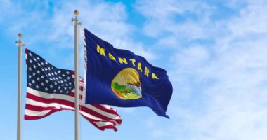 Montana eyalet bayrağı açık bir günde Amerikan bayrağıyla dalgalanır. Amerikan bayrağı. Vatanseverlik ve ulusal gurur. Kusursuz 3 boyutlu animasyon. Yavaş çekim döngüsü. Sallanan bayrak