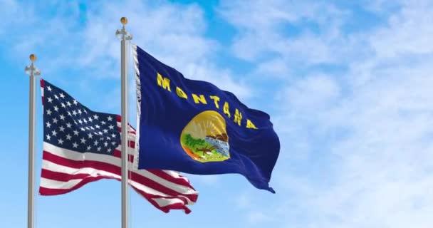 Bandera Del Estado Montana Ondeando Viento Con Bandera Estadounidense Día — Vídeo de stock