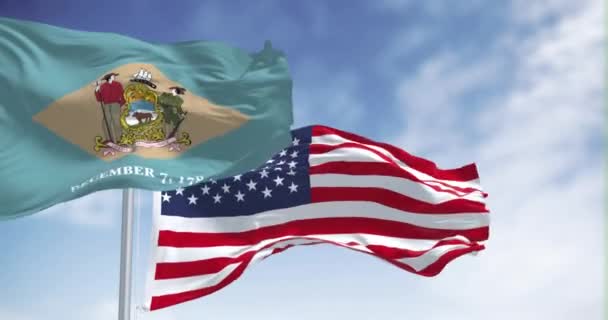 特拉华州的国旗飘扬着美国国旗 黄褐色菱形 蓝底淡蓝色 无缝3D渲染动画 慢动作回路 — 图库视频影像