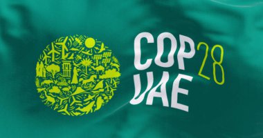 Dubai, BAE, 30 Kasım 2023 COP28 bayrağı dalgalanması. 3D illüstrasyon canlandırıcı. Desenli kumaş arkaplanı
