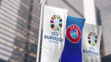 Berlin, DE, 30 Ekim 2023: UEFA ve UEFA Euro 2024 Avrupa Futbol Şampiyonası dikey pankartları. Uluslararası spor müsabakası. Kusursuz 3 boyutlu animasyon. Yavaş çekim döngüsü. Seçici odak.