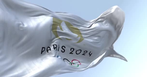 Paris Outubro 2023 Close Bandeira Dos Jogos Olímpicos Paris 2024 — Vídeo de Stock