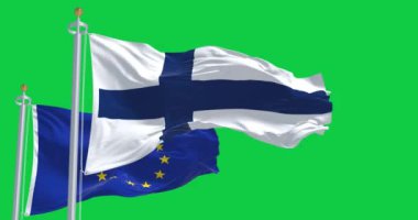Portekiz bayrakları yeşil ekranda Avrupa Birliği bayraklarıyla dalgalanıyor. Demokrasi ve politika. Kusursuz 3D canlandırma animasyonu. Krom anahtar. Alfa kanalı. Yavaş çekim döngüsü. 4 bin. Seçici odak