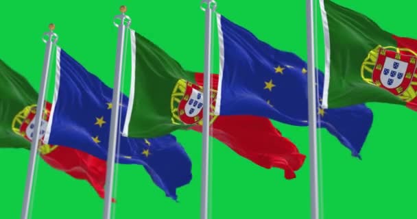 Σημαίες Της Πορτογαλίας Κυματίζουν Σημαίες Της Ευρωπαϊκής Ένωσης Στην Πράσινη — Αρχείο Βίντεο