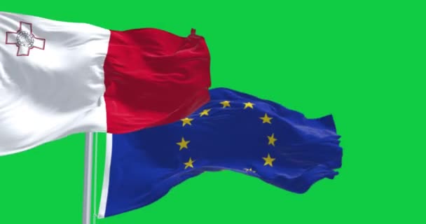 ポルトガルの旗は緑色のスクリーンに欧州連合の旗で振ります 民主主義と政治 シームレス3Dレンダリングアニメーション クロマキー アルファチャンネル スローモーションループ 4Kについて 選択的なフォーカス — ストック動画