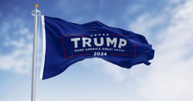 Arlington, ABD, OKT. 21 2023: Donald Trump seçim kampanyası bayrağı açık bir günde dalgalanıyor. 2024 ABD başkanlık seçimi. Resimli 3d illüstrasyon oluşturucu