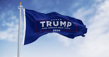 Arlington, US, OCT. 21 2023: Donald Trump election campaign flag waving on a clear day. 2024 US presidential election. Illustrative editorial 3d illustration render clipart