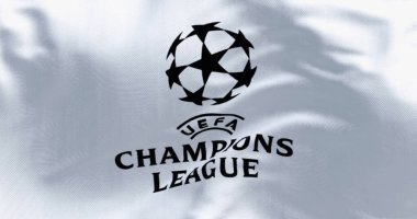 Londra, İngiltere, 25 Kasım 2023: UEFA Şampiyonlar Ligi bayrağının yakın çekimi. Avrupa futbol müsabakası. Dalgalı kumaş. Dokulu arka plan. Resimli 3d illüstrasyon oluşturucu