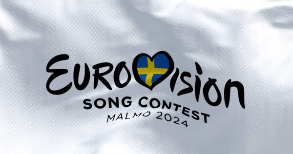 Malmo, SE, Oct. 25 2023: Close-up of Eurovision Song Contest 2024 flag waving. The 2024 edition will take place in Malmo on may. Illustrative editorial 3d illustration render