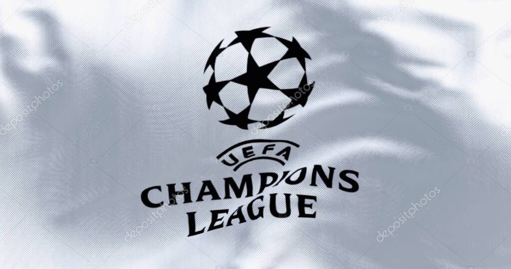 London, UK, Nov. 25 2023: close-up of UEFA Champions league flag waving. European football competition. Rippled fabric. Textured background. Illustrative editorial 3d illustration render
