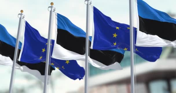 エストニアと欧州連合の国旗が明確な日を迎えました エストニアは2004年5月1日に欧州連合に加盟した シームレス3Dレンダリングアニメーション スローモーションループ 選択的なフォーカス — ストック動画