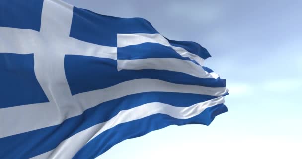 在晴朗的日子里 希腊国旗在风中飘扬 蓝白相间的条纹 蓝色的州带着白色的十字 无缝3D渲染动画 慢动作回圈飘扬的旗帜 — 图库视频影像